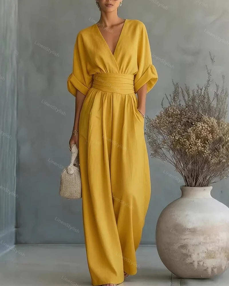 Sanne | Jumpsuit met V-Hals en Wijde Pijpen Geel
