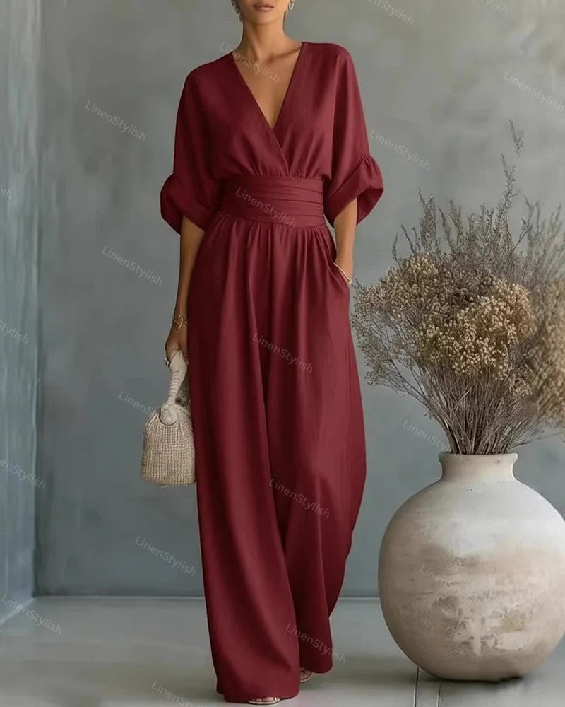 Sanne | Jumpsuit met V-Hals en Wijde Pijpen Wijn