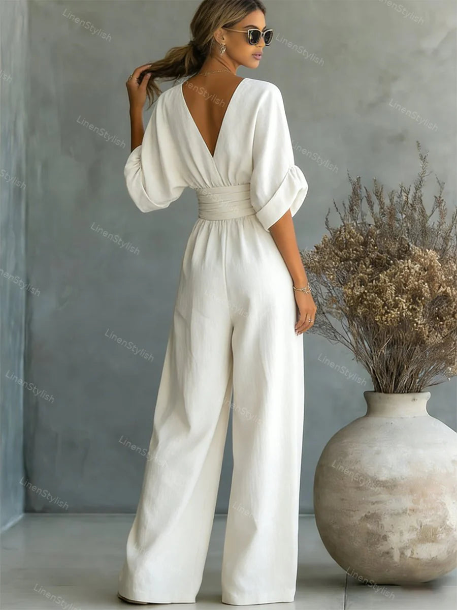 Sanne | Jumpsuit met V-Hals en Wijde Pijpen