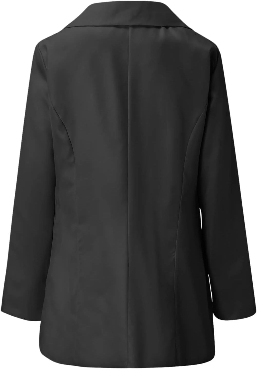 Close-up van de klassieke revers en dubbele knoopsluiting van de lange dames blazer in zwart