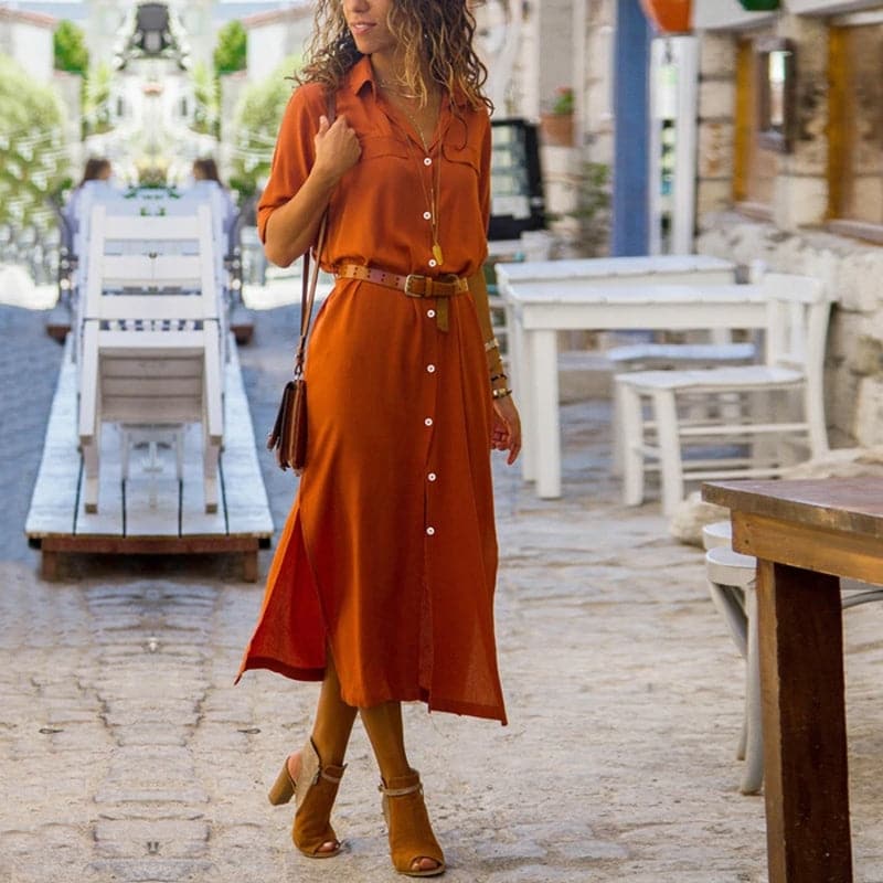 Sofie | Dames Overhemd Midi Jurk met Riem Oranje