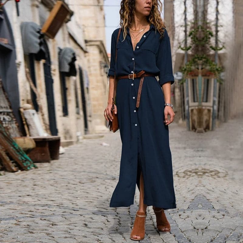 Sofie | Dames Overhemd Midi Jurk met Riem Donkerblauw