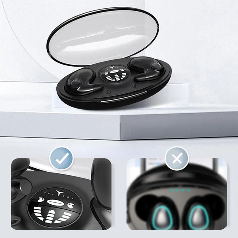 Draadloze slaap oordopjes Bluetooth close-up van ergonomische vorm en lichtgewicht constructie