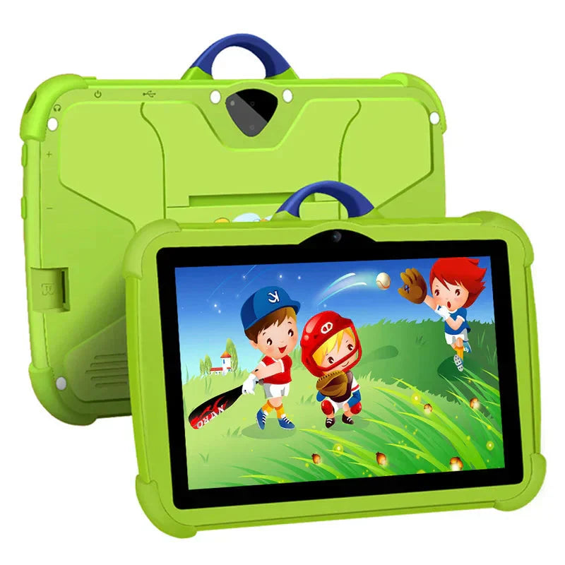 Achterkant van roze kindertablet met stevige siliconen behuizing, handvatten en ingebouwde standaard voor stabiel gebruik