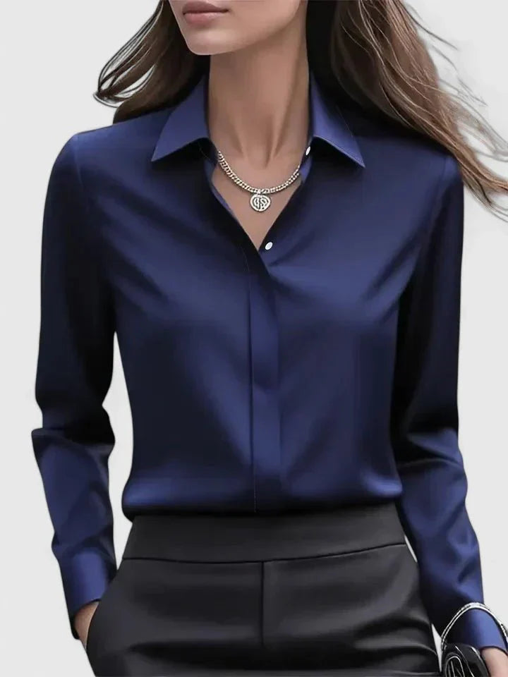Sophie | Dames Elegante Satijnen Blouse Verborgen Knoopsluiting Marineblauw