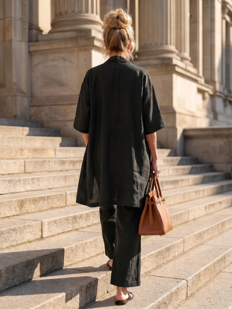 Dames linnen co-ord outfit met relaxed pasvorm en open vest achteraanzicht