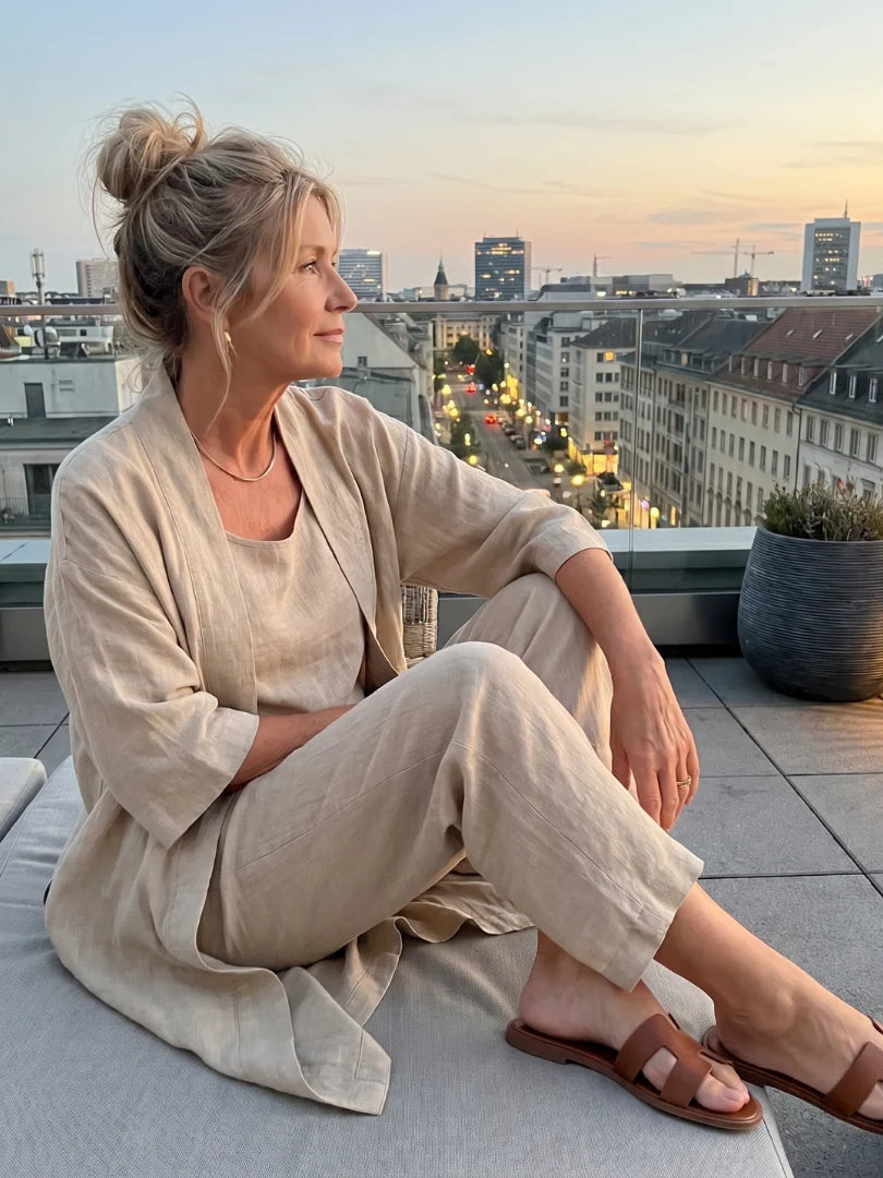 Casual linnen outfit dames met longline cardigan en elastische tailleband broek