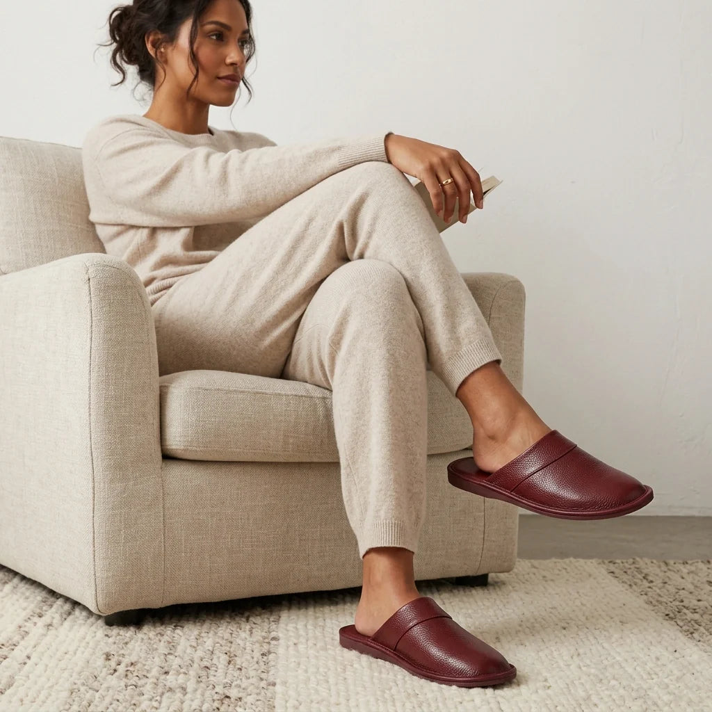 Zijaanzicht van dames leren slippers met soepel leer en gevoerde binnenzijde voor dagelijks draagcomfort