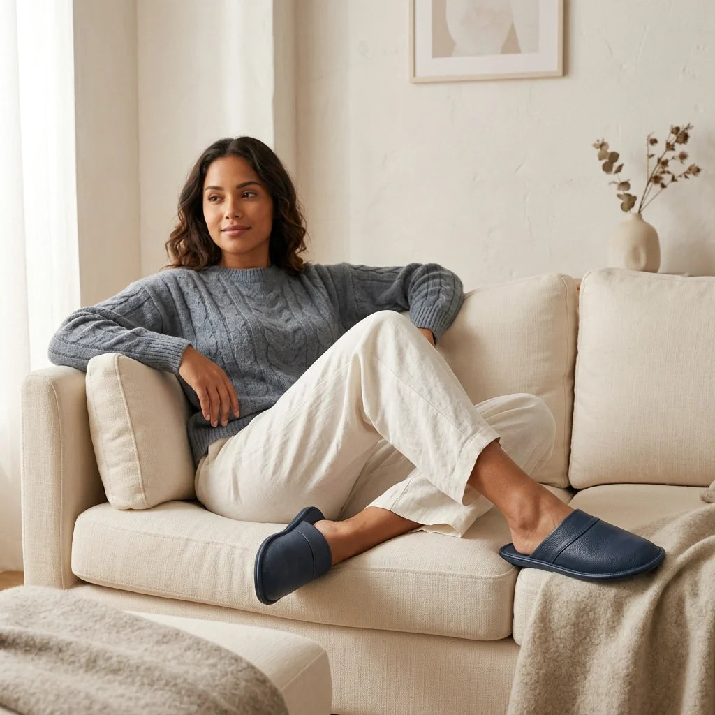 Detail van leren slippers met subtiele stiksels en afgeronde neus voor vrouwen