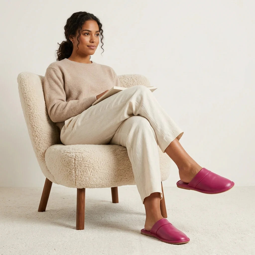 Dames leren slippers getoond op model voor schaalreferentie en pasvorm