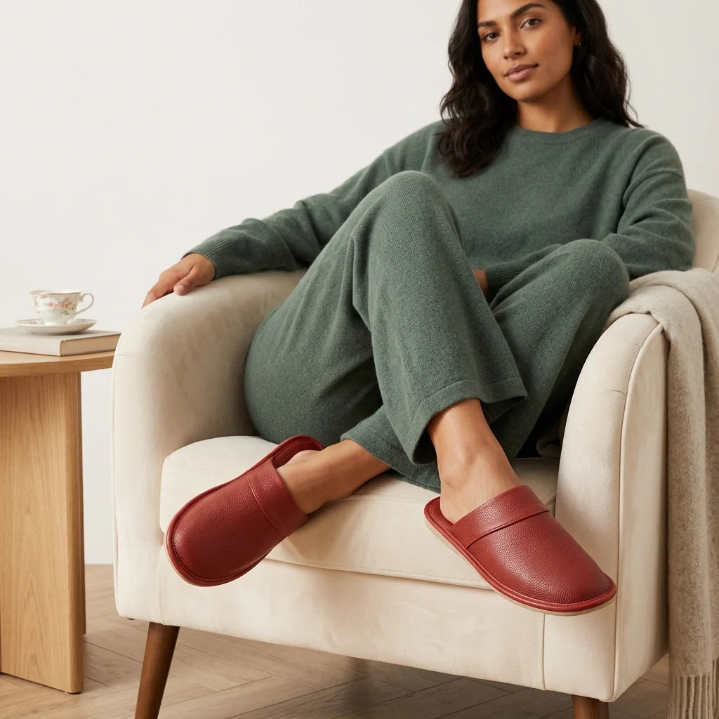 Achteraanzicht van leren slippers met gesloten hiel en comfortabele constructie