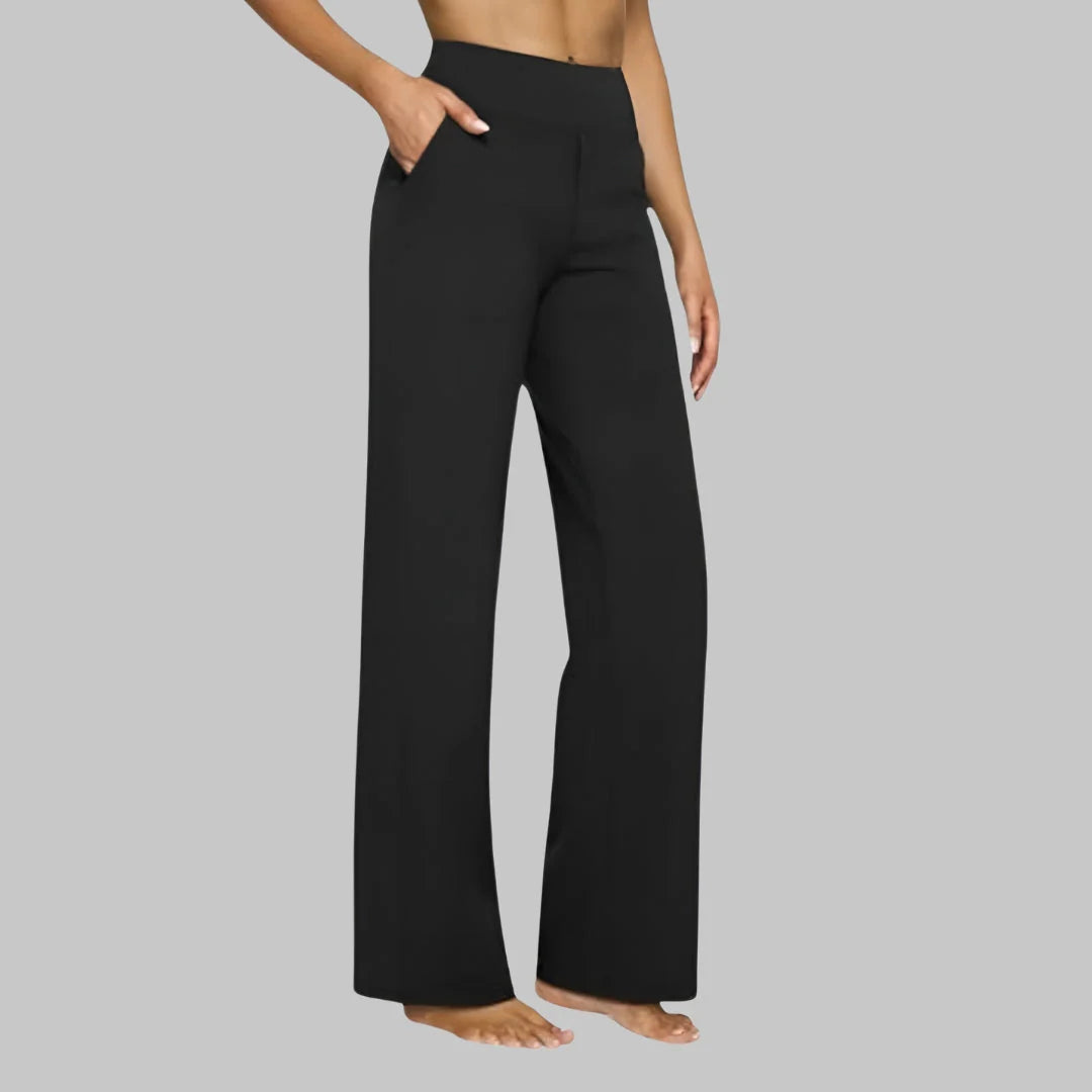Dames flared stretchbroek hoge taille detail van zijzakken en functionele snit