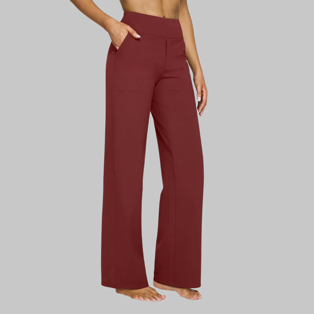Dames flared stretchbroek hoge taille zijaanzicht met elastische band en flatterende pasvorm
