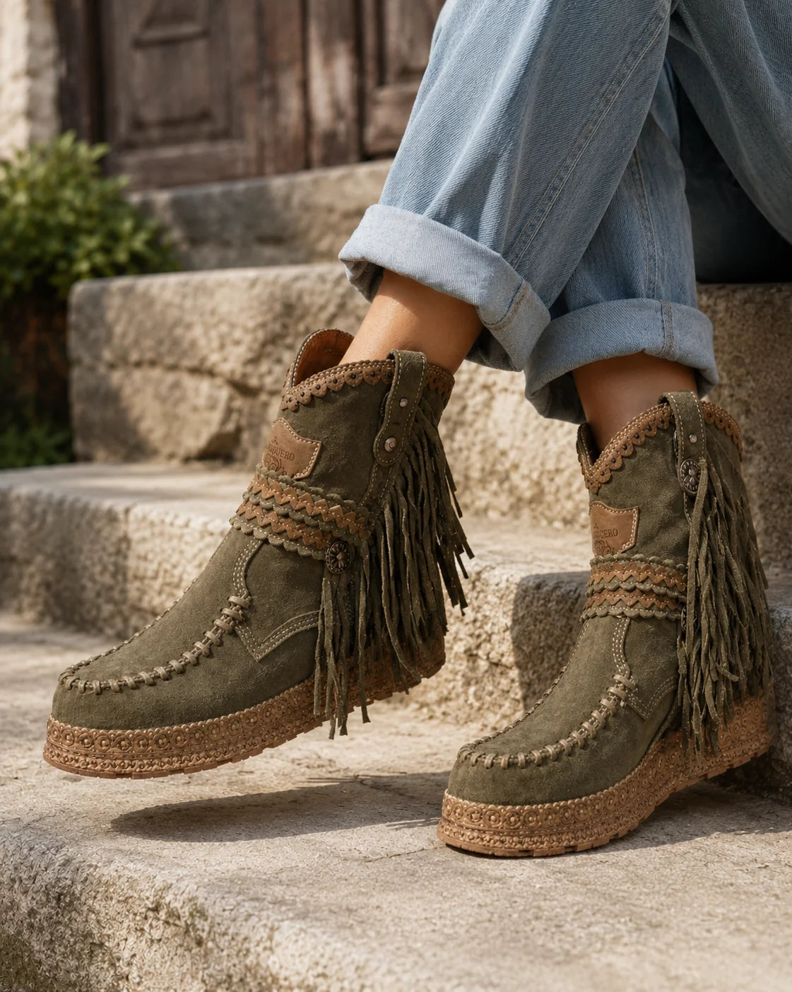 Dames boho laarzen met franjes en gevlochten details in olijfgroen, gedragen met een lichte spijkerbroek