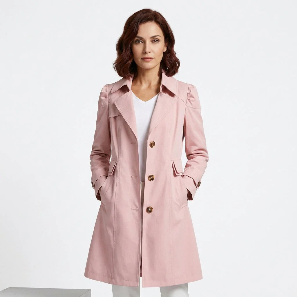 Dames trenchcoat lichtgewicht herfst in roze met reverskraag en knoopsluiting tot boven de knie