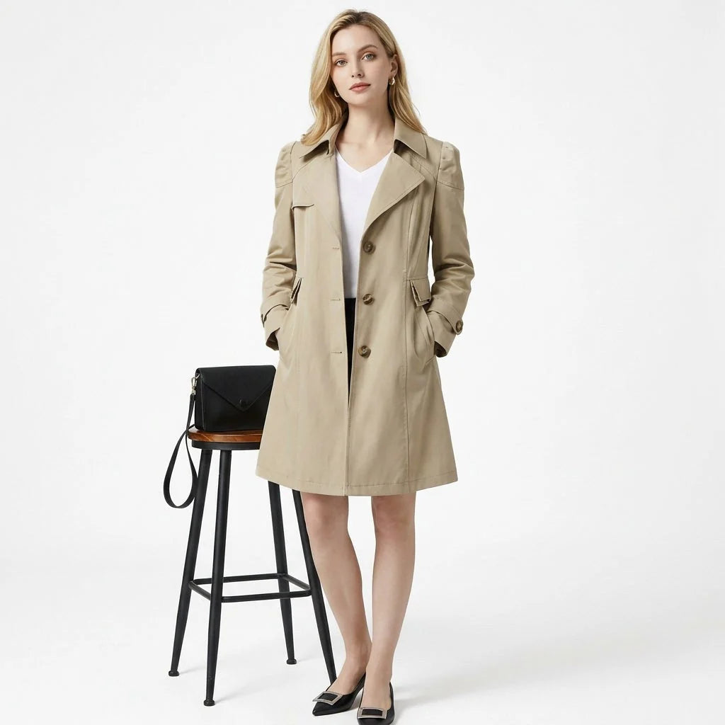 Detail van knoopsluiting en reverskraag op lichtgewicht dames trenchcoat voor dagelijks gebruik