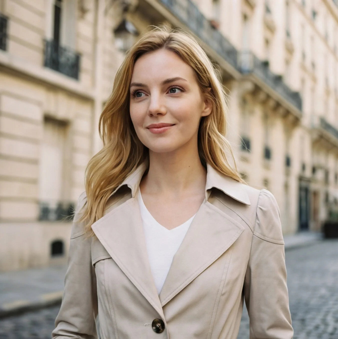 Close-up van steekzakken en knoopsluiting op lichtgewicht dames trenchcoat met verzorgde afwerking