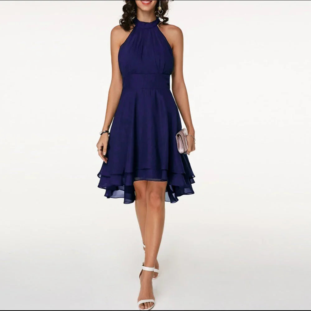 Tessa | Halter Midi Jurk met Gelaagde Zoom Donkerblauw