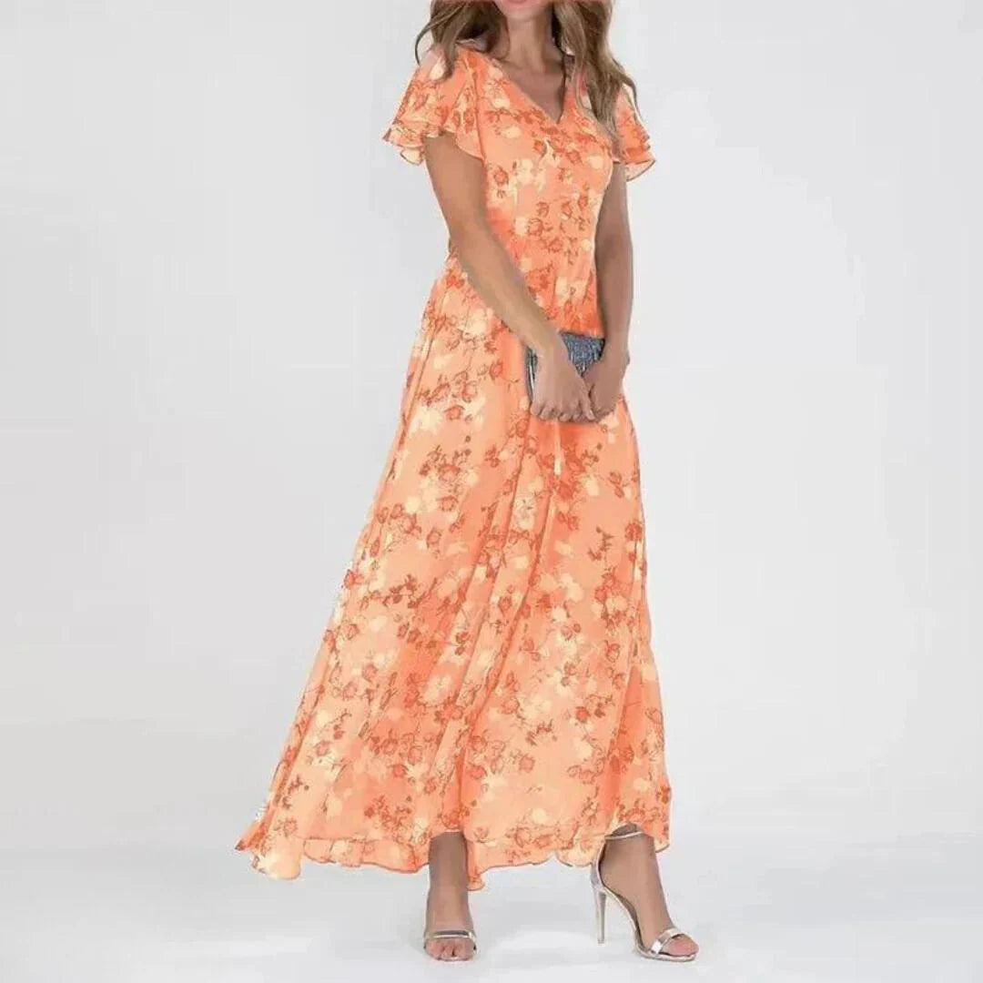 Volledige lengte maxi jurk met bloemenprint en V-hals, getailleerde snit en luchtige chiffon voor tuinfeesten