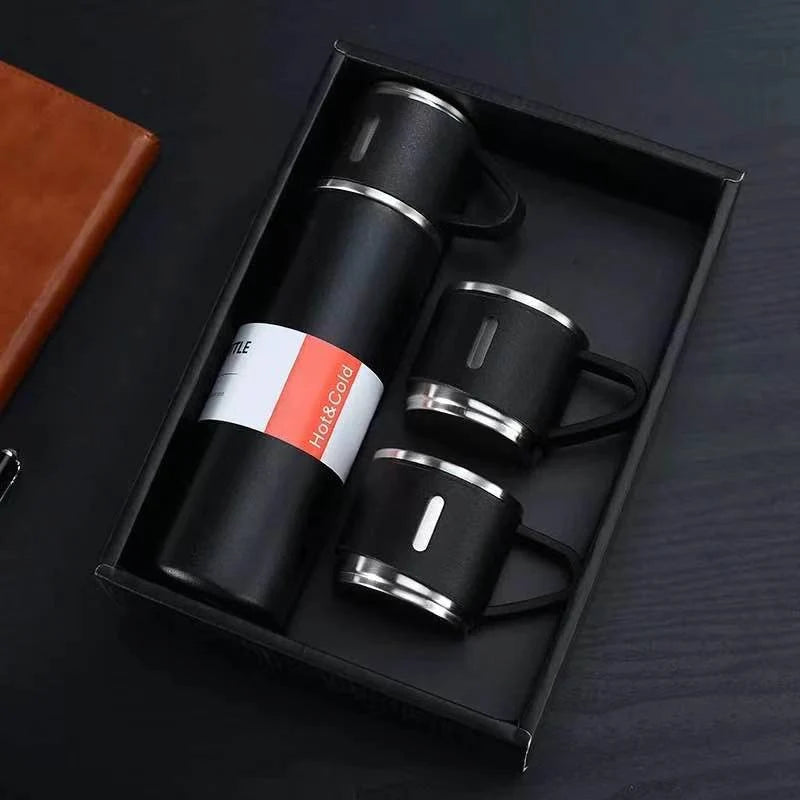Thermoskan set met twee extra bekers in geschenkdoos, roestvrij staal met praktische deksel