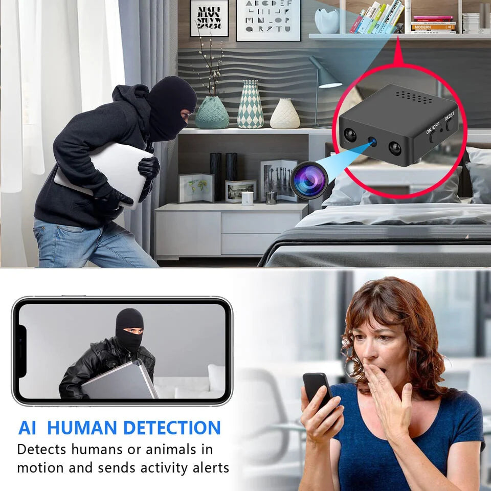 Kleine beveiligingscamera met breedhoeklens en smartphone bediening via app