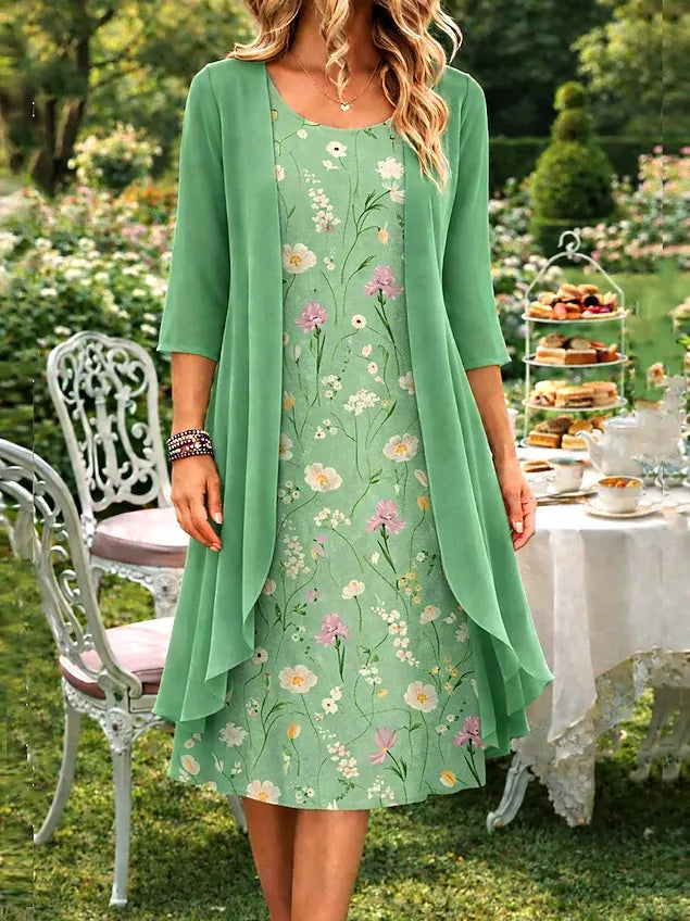 Dames casual set met bloemenprint jurk en open cardigan voor zomerse maaltijden