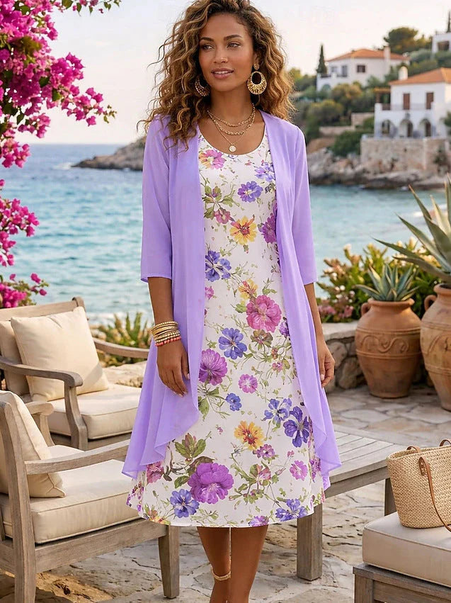 Vloeiende chiffon jurk set met delicate bloemenprint en open cardigan voor vakantie