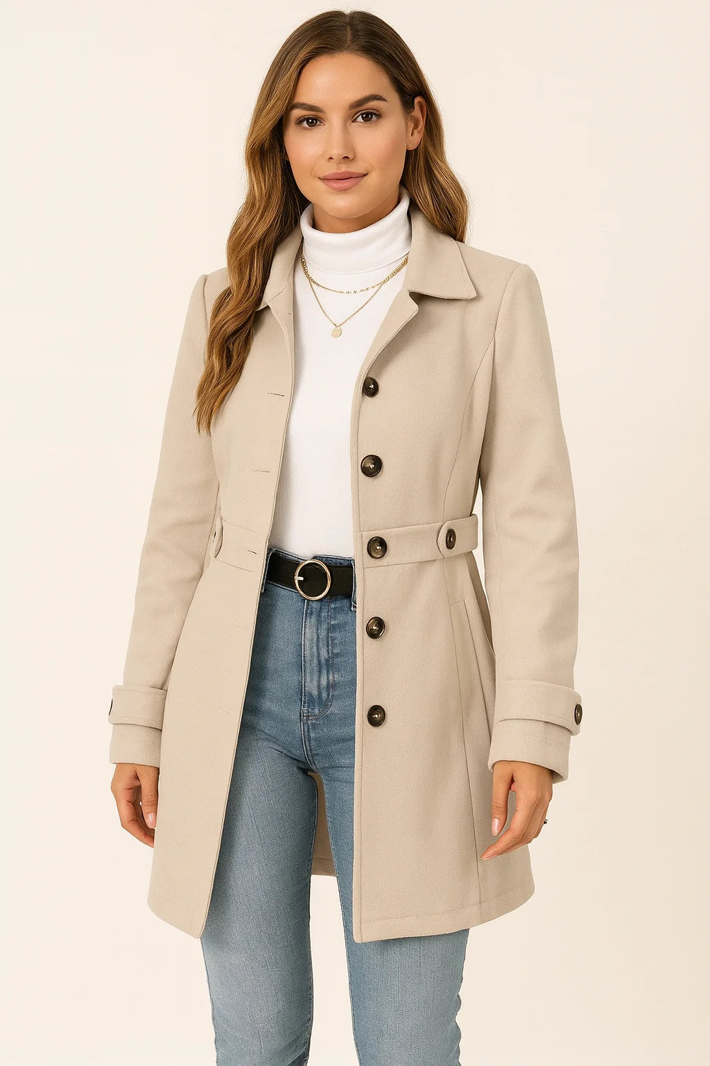 Volledige lengte weergave van beige trenchcoat met getailleerd silhouet en dubbele knoopsluiting