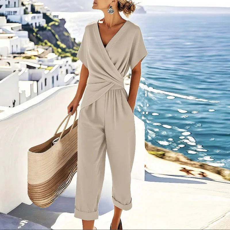 Vera | Jumpsuit met V-hals en Cropped Pijpen Abrikoos