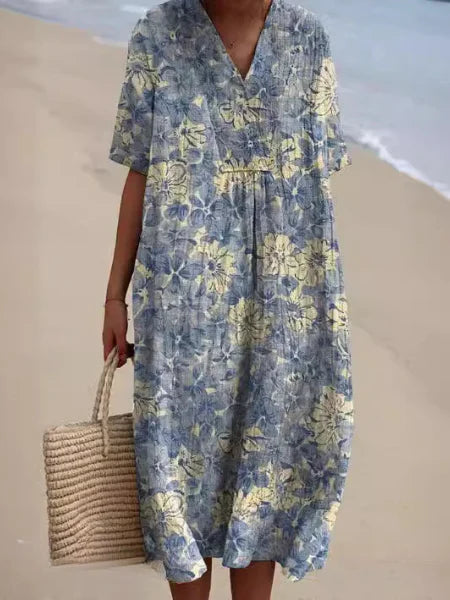 Volledige lengte midi jurk met V-hals en korte mouwen in multicolor bloemenprint
