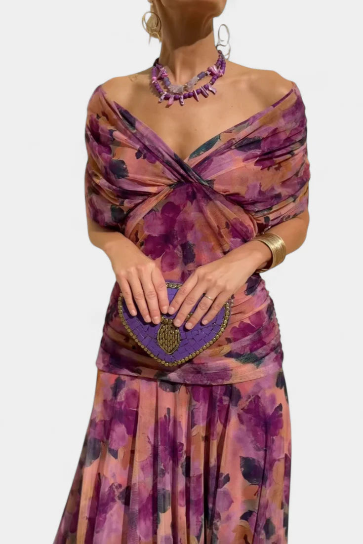 Yara | Dames Maxi Jurk met Off-shoulder V-hals Paars